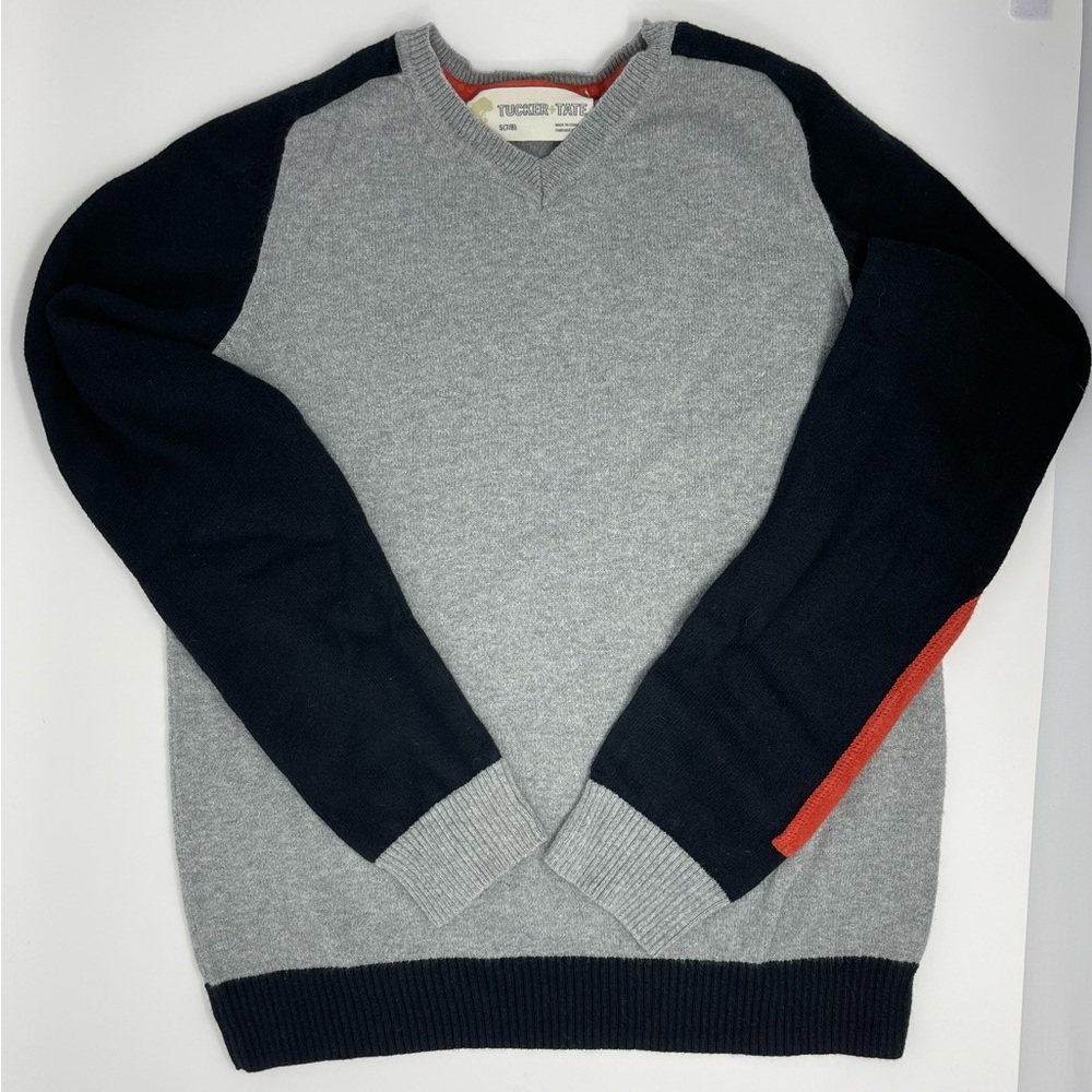 TUCKER + TATE: Gray Sweater with Black Sleeves/Orange Elbow Patches, Small (7/8)